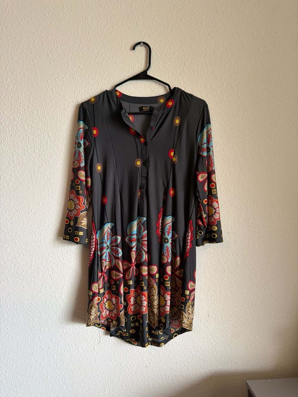 R&B Collection Womens Boho Floral Print Tunic‎ Top Gray 3/4 Sleeve Size S